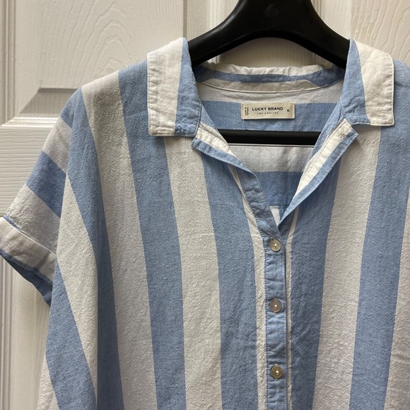 Lucky Brand Women's Sz XL Cap Sleeve Button Front Shirt Blue & White Stripe - Picture 1 of 16
